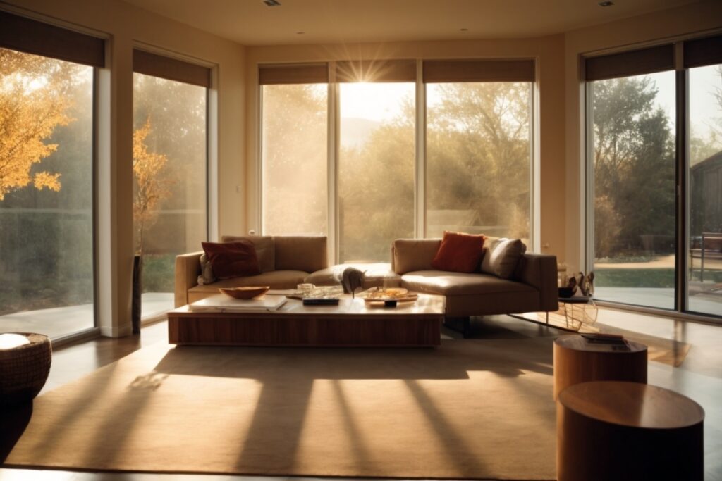 Interior of a home in Elgin with solar control window films, sunlight filtering through, cool temperature ambiance