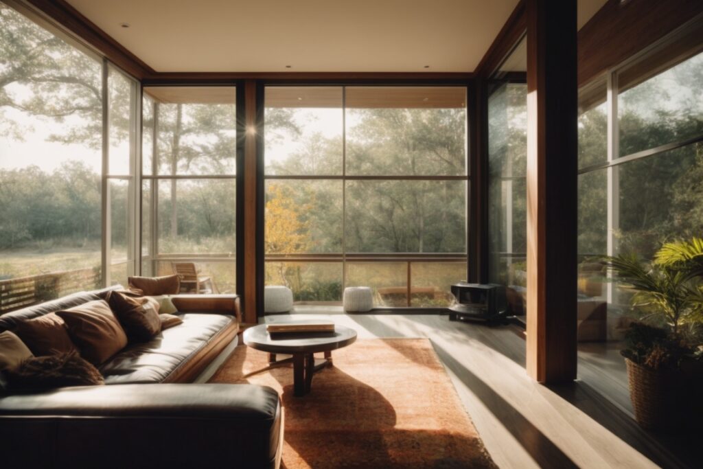 Interior of a modern house in Little Rock with window film, protecting against sunlight and UV rays