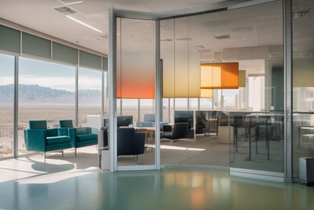 interior of a sunny Las Vegas office with UV-blocking window film