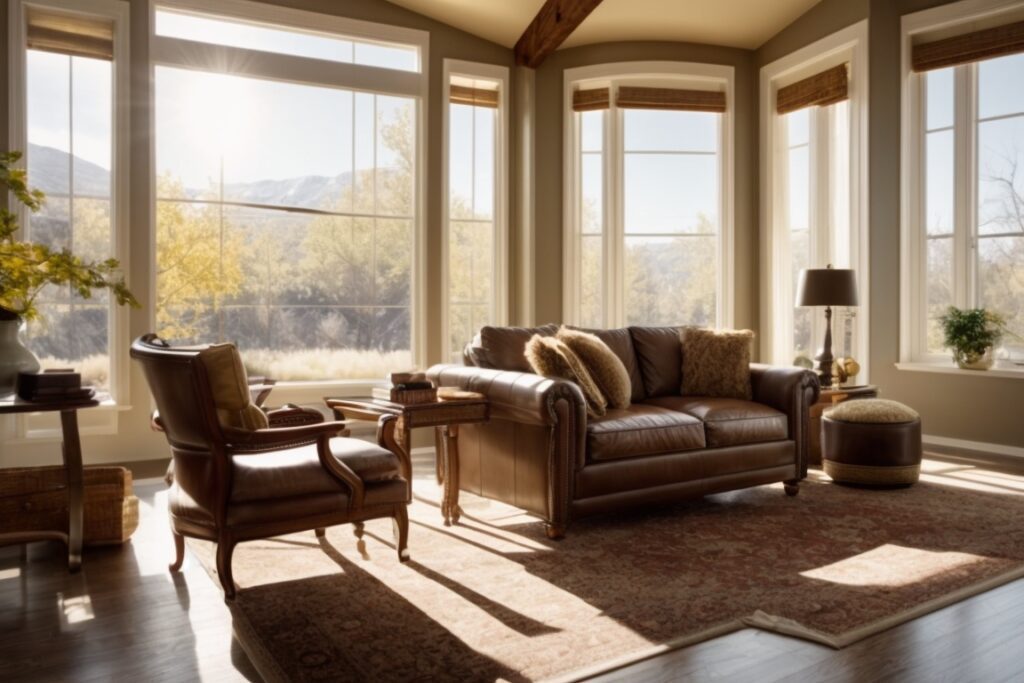 Colorado Springs home interior with UV blocking window film, sunlight filtering through, protecting furniture and floors