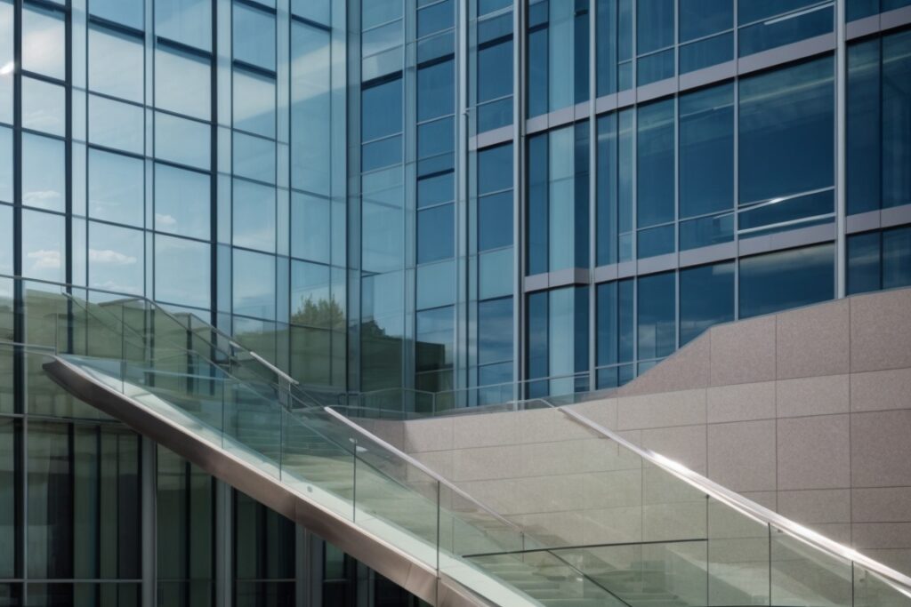 Modern office building in Aurora with designer window films, reducing glare and UV exposure