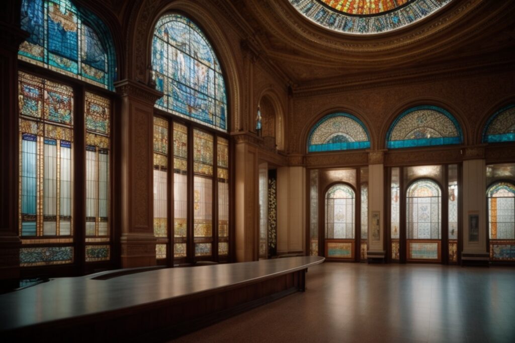 Decorated interior of Chicago Cultural Center with stained-glass window film
